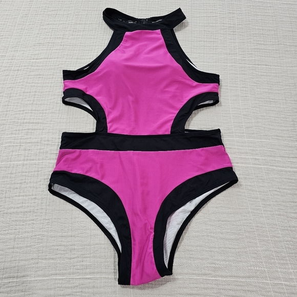 Fuchsia And Black Two Tone Padded Cut Out One Piece Summer Swimsuit Size Large - Picture 2 of 15